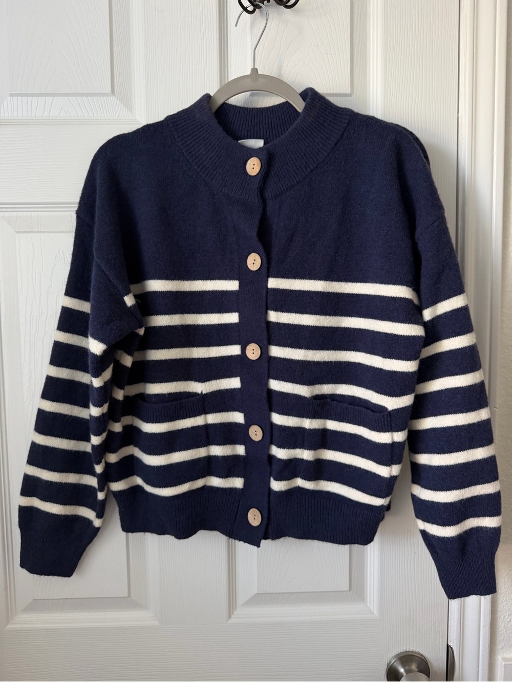 Cielo Navy White Striped Cardigan Sweater Coastal Preppy Women’s L